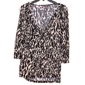 Vince Camuto Leopard Print Surplice Wrap Top Blouse Size L Y2K Animal Print